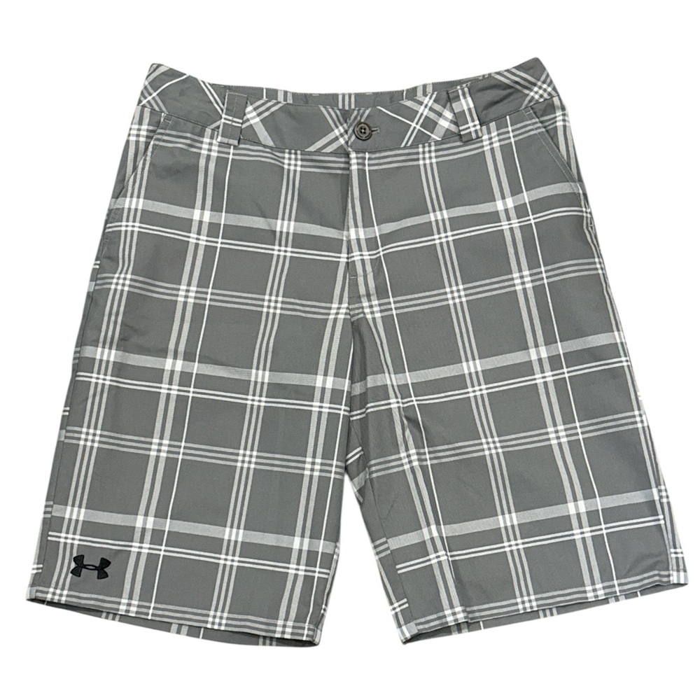 Under Armour Plaid Golf Shorts Youth Size XL Loose Fit Adjustable Waist Grey
